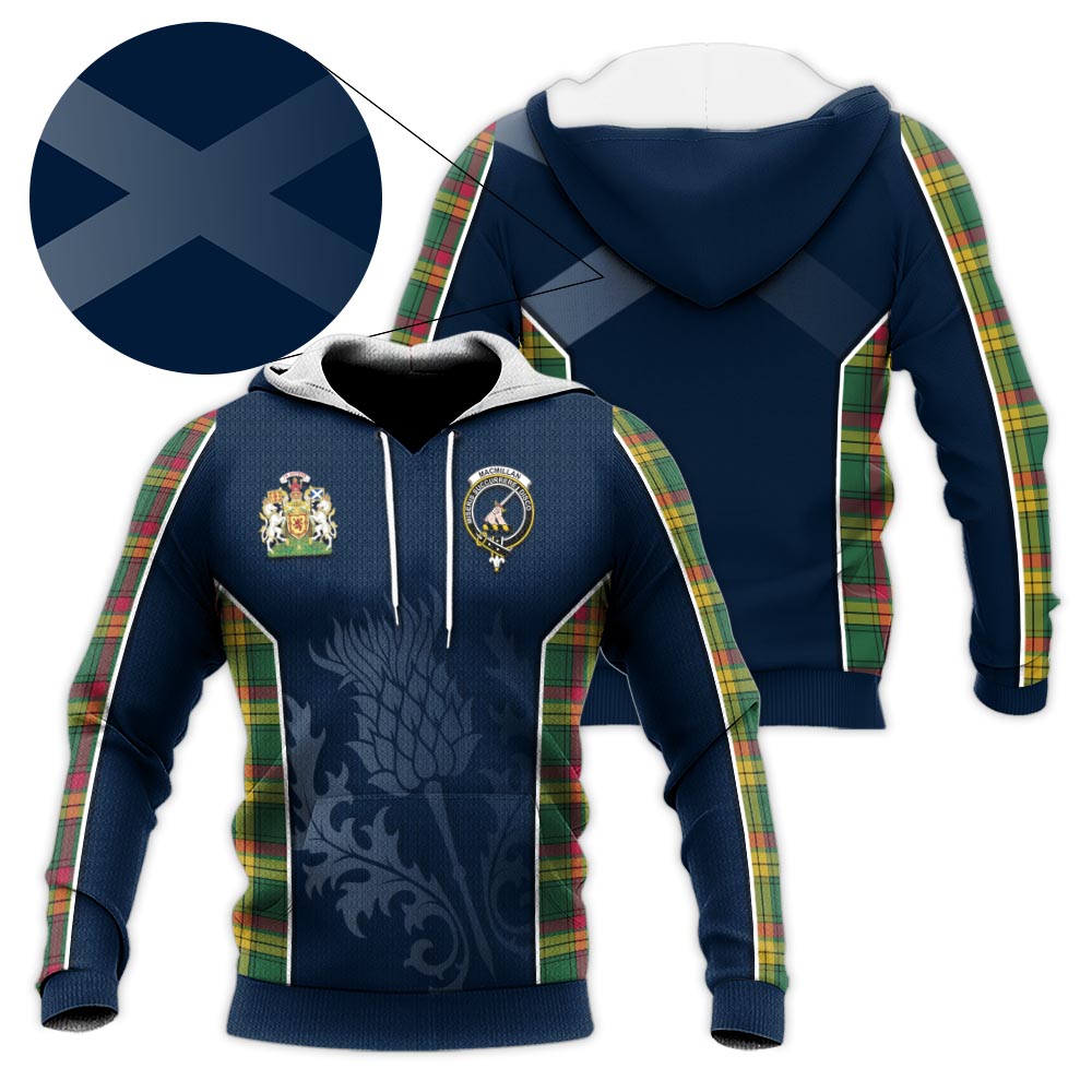 Tartan Vibes Clothing MacMillan Old Ancient Tartan Knitted Hoodie with Family Crest and Scottish Thistle Vibes Sport Style