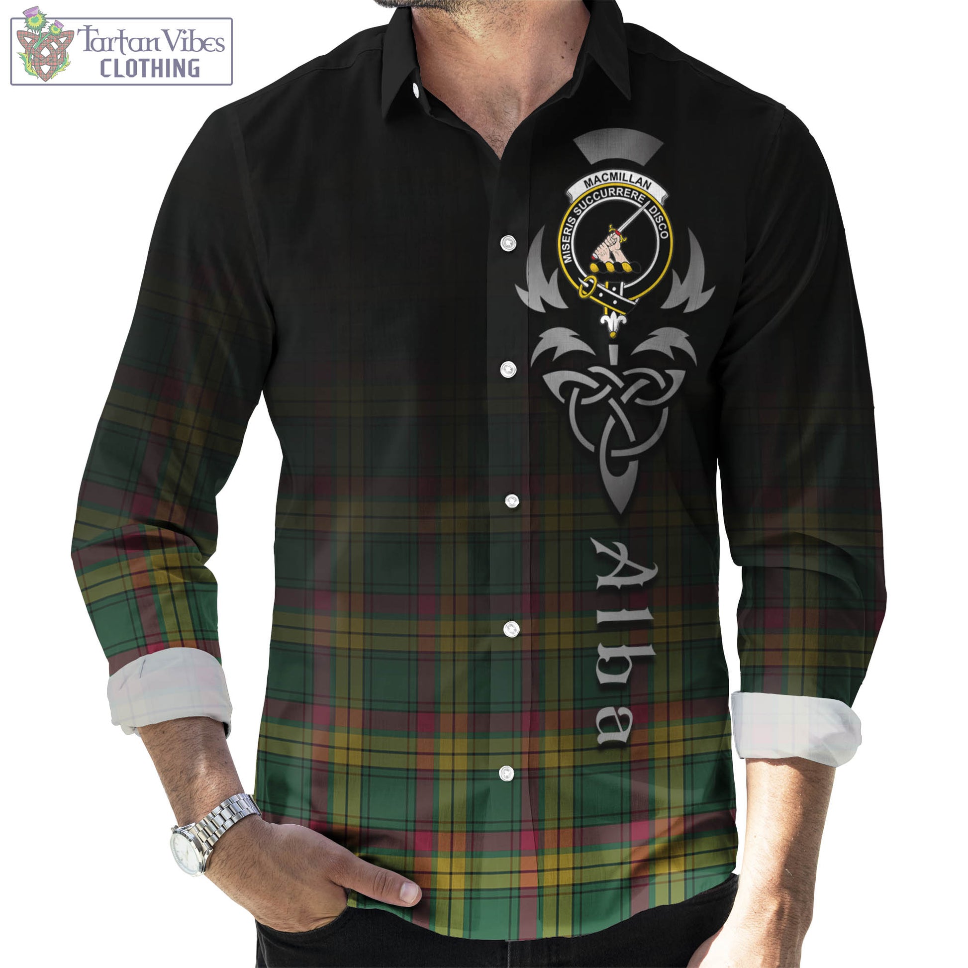 Tartan Vibes Clothing MacMillan Old Ancient Tartan Long Sleeve Button Up Featuring Alba Gu Brath Family Crest Celtic Inspired