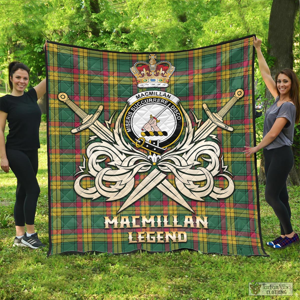 Tartan Vibes Clothing MacMillan Old Ancient Tartan Quilt with Clan Crest and the Golden Sword of Courageous Legacy