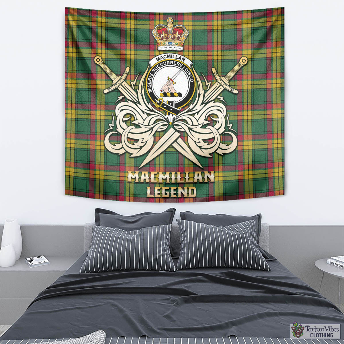 Tartan Vibes Clothing MacMillan Old Ancient Tartan Tapestry with Clan Crest and the Golden Sword of Courageous Legacy