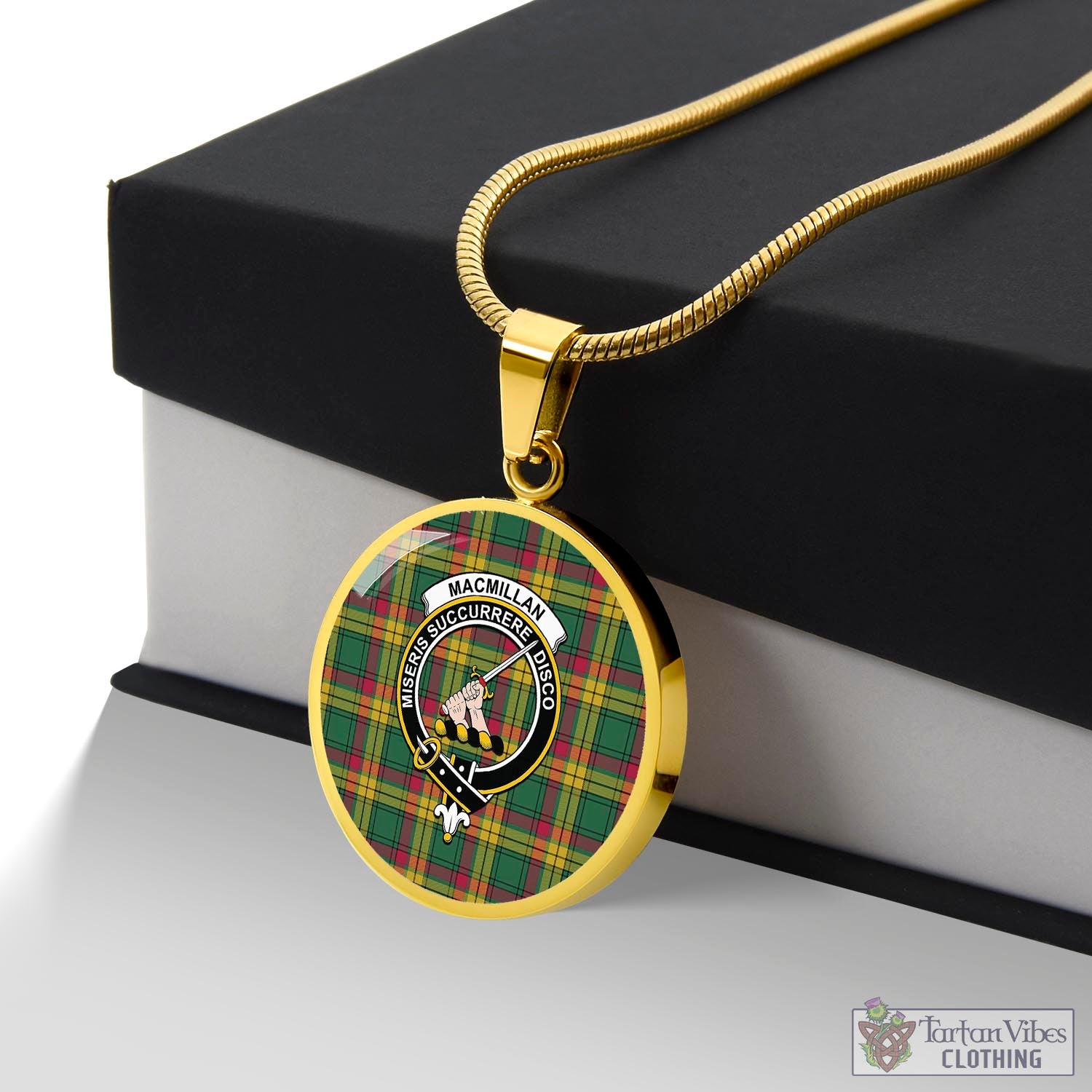 Tartan Vibes Clothing MacMillan Old Ancient Tartan Circle Necklace with Family Crest