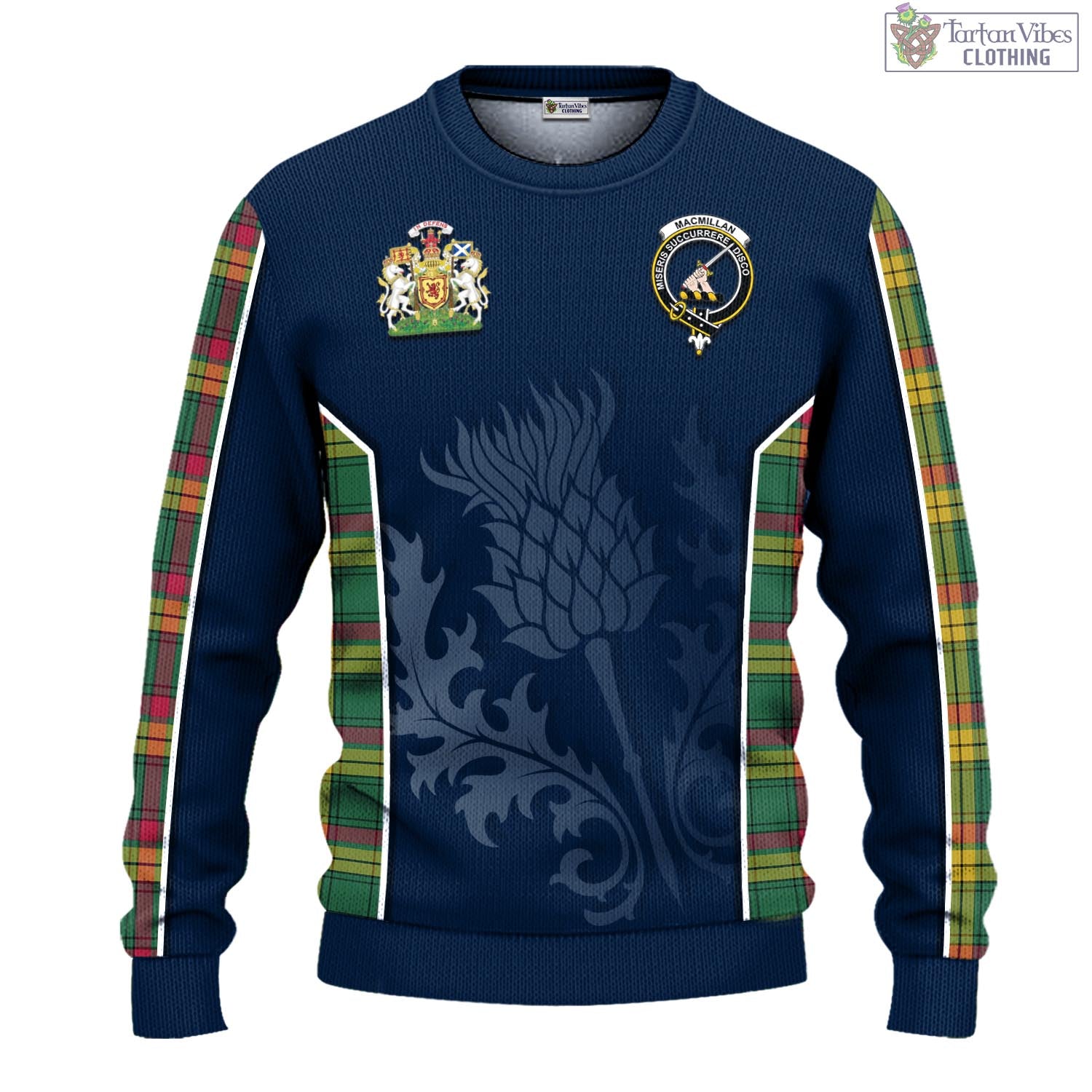 Tartan Vibes Clothing MacMillan Old Ancient Tartan Knitted Sweatshirt with Family Crest and Scottish Thistle Vibes Sport Style