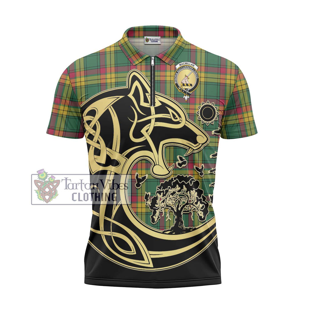 MacMillan Old Ancient Tartan Zipper Polo Shirt with Family Crest Celtic Wolf Style - Tartanvibesclothing Shop