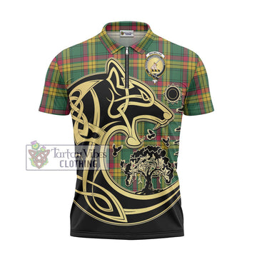 MacMillan Old Ancient Tartan Zipper Polo Shirt with Family Crest Celtic Wolf Style