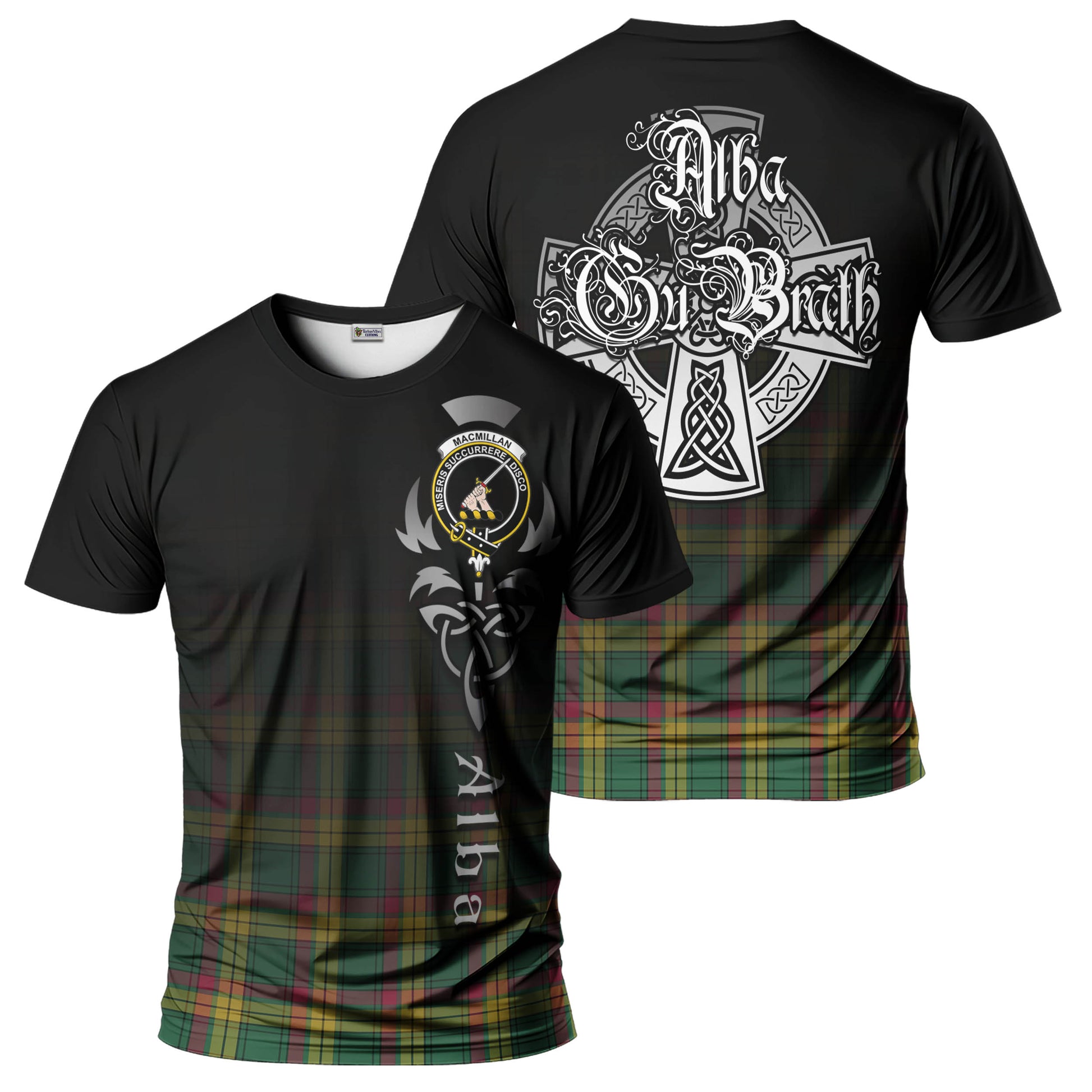 Tartan Vibes Clothing MacMillan Old Ancient Tartan T-Shirt Featuring Alba Gu Brath Family Crest Celtic Inspired