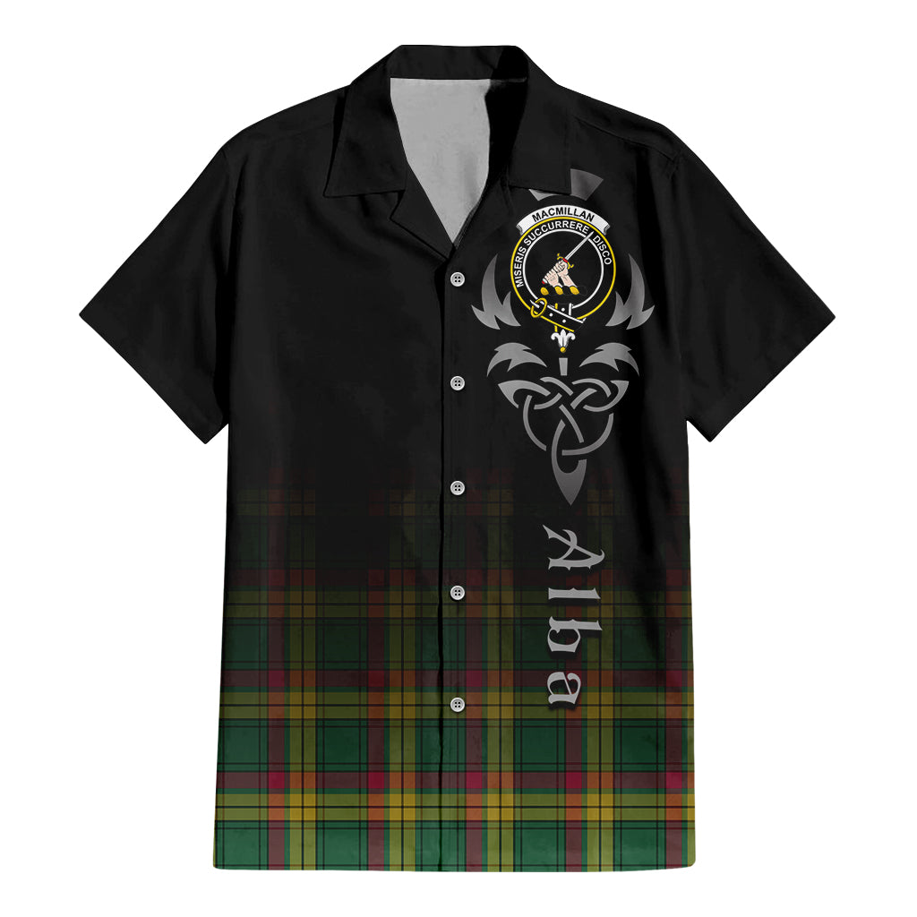 Tartan Vibes Clothing MacMillan Old Ancient Tartan Short Sleeve Button Up Featuring Alba Gu Brath Family Crest Celtic Inspired