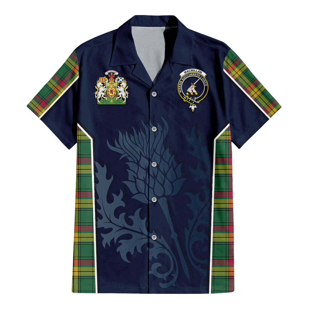 Tartan Vibes Clothing MacMillan Old Ancient Tartan Short Sleeve Button Up Shirt with Family Crest and Scottish Thistle Vibes Sport Style