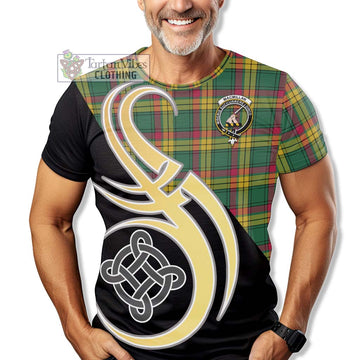 MacMillan Old Ancient Tartan T-Shirt with Family Crest and Celtic Symbol Style