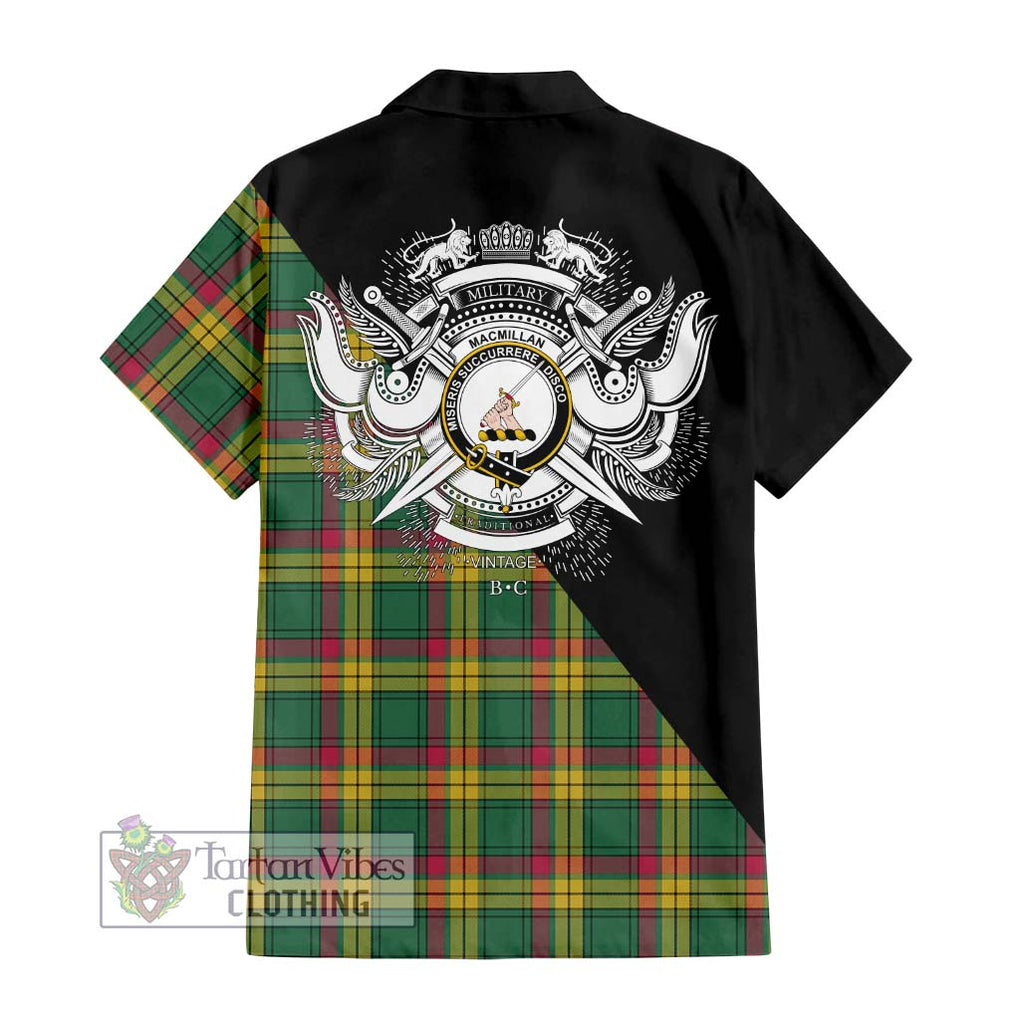 MacMillan Old Ancient Tartan Short Sleeve Button Shirt with Family Crest and Military Logo Style - Tartanvibesclothing Shop