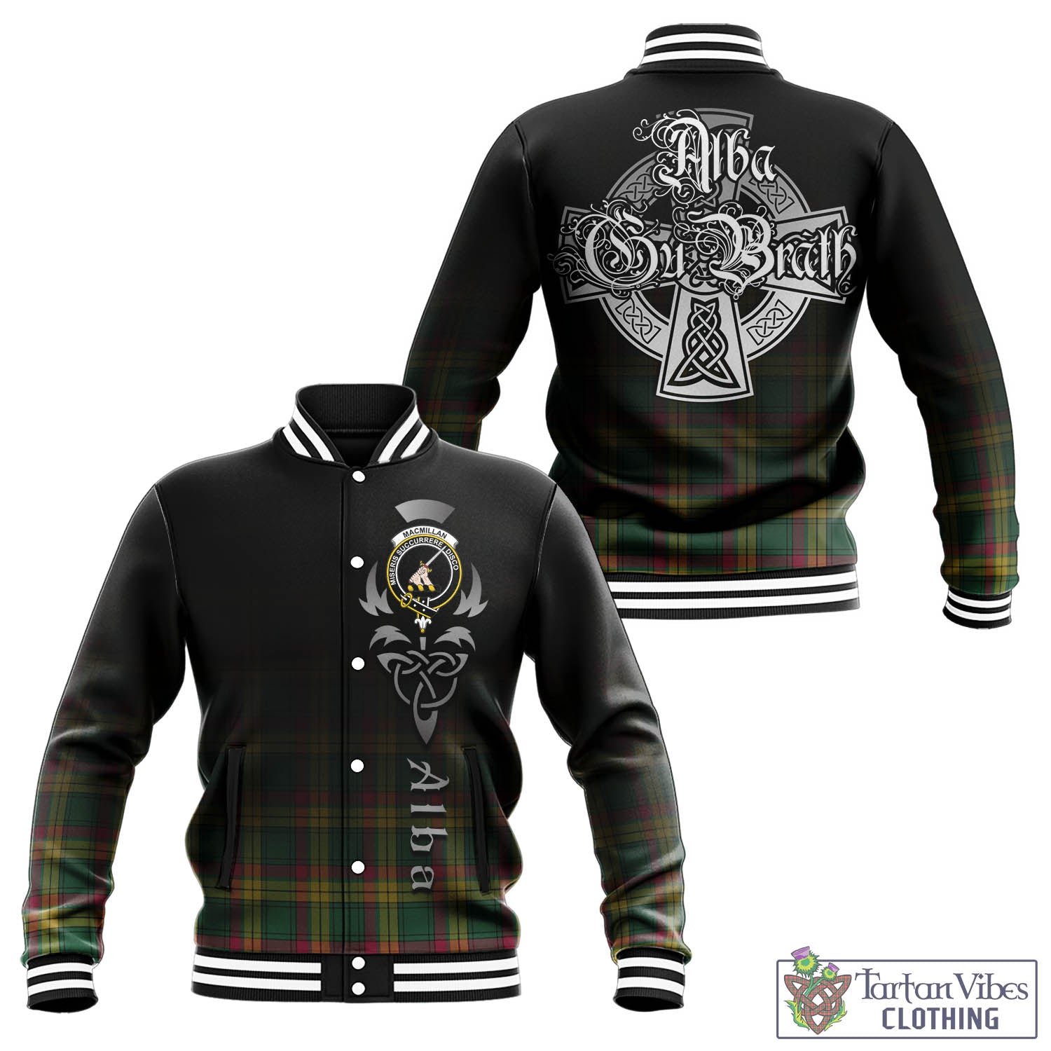 Tartan Vibes Clothing MacMillan Old Ancient Tartan Baseball Jacket Featuring Alba Gu Brath Family Crest Celtic Inspired