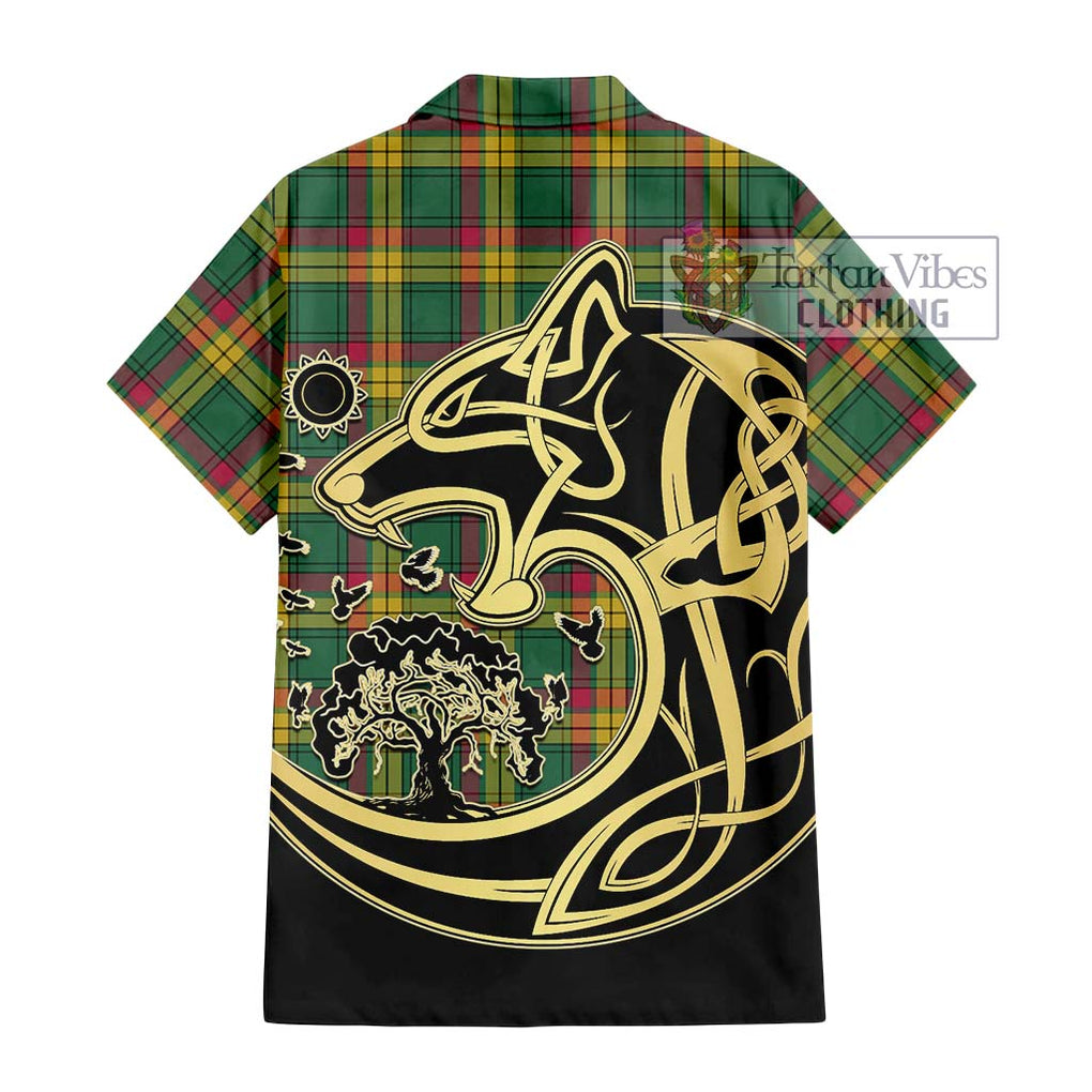 MacMillan Old Ancient Tartan Short Sleeve Button Shirt with Family Crest Celtic Wolf Style - Tartan Vibes Clothing