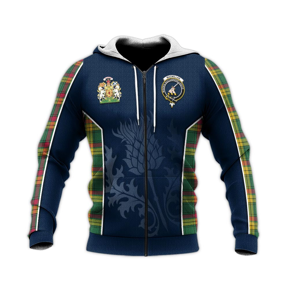 Tartan Vibes Clothing MacMillan Old Ancient Tartan Knitted Hoodie with Family Crest and Scottish Thistle Vibes Sport Style