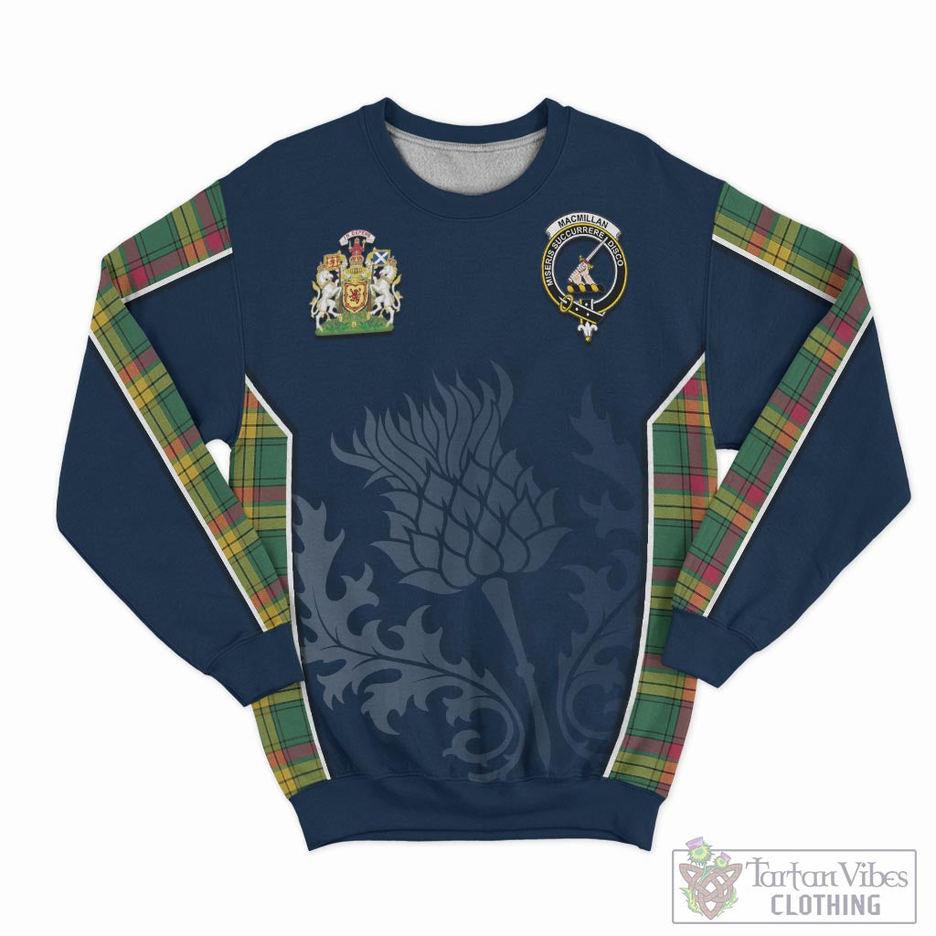 Tartan Vibes Clothing MacMillan Old Ancient Tartan Sweatshirt with Family Crest and Scottish Thistle Vibes Sport Style