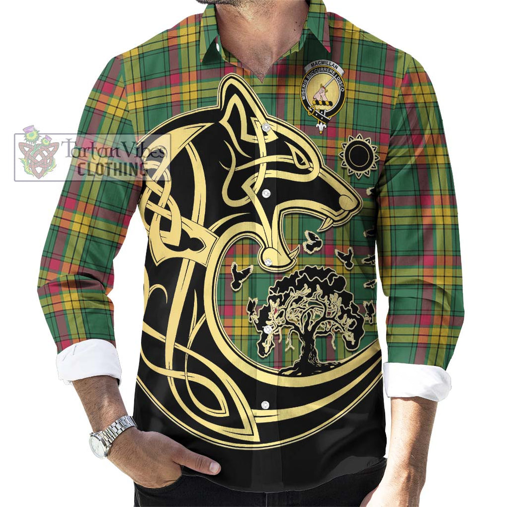 MacMillan Old Ancient Tartan Long Sleeve Button Shirt with Family Crest Celtic Wolf Style - Tartan Vibes Clothing