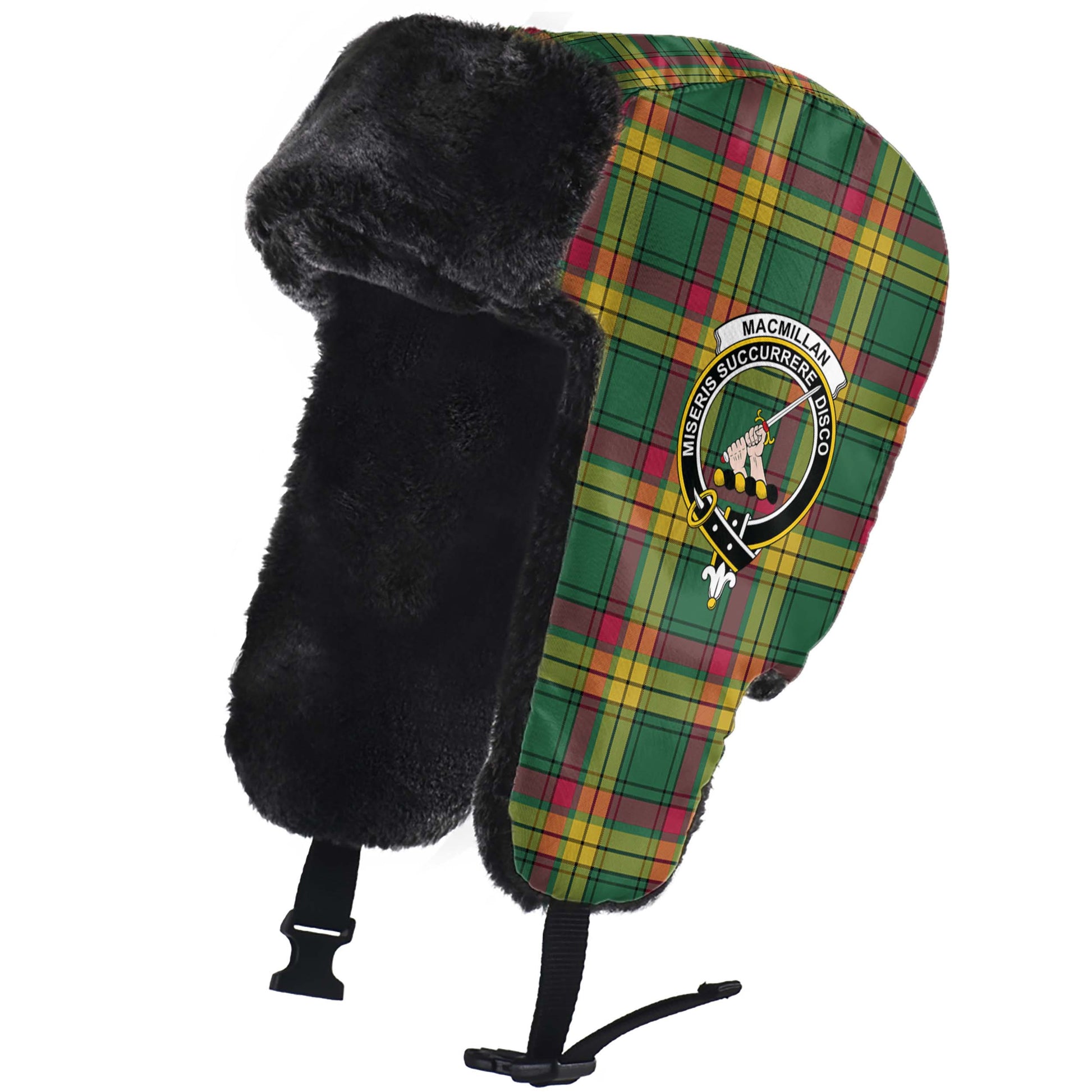 MacMillan Old Ancient Tartan Winter Trapper Hat with Family Crest - Tartanvibesclothing