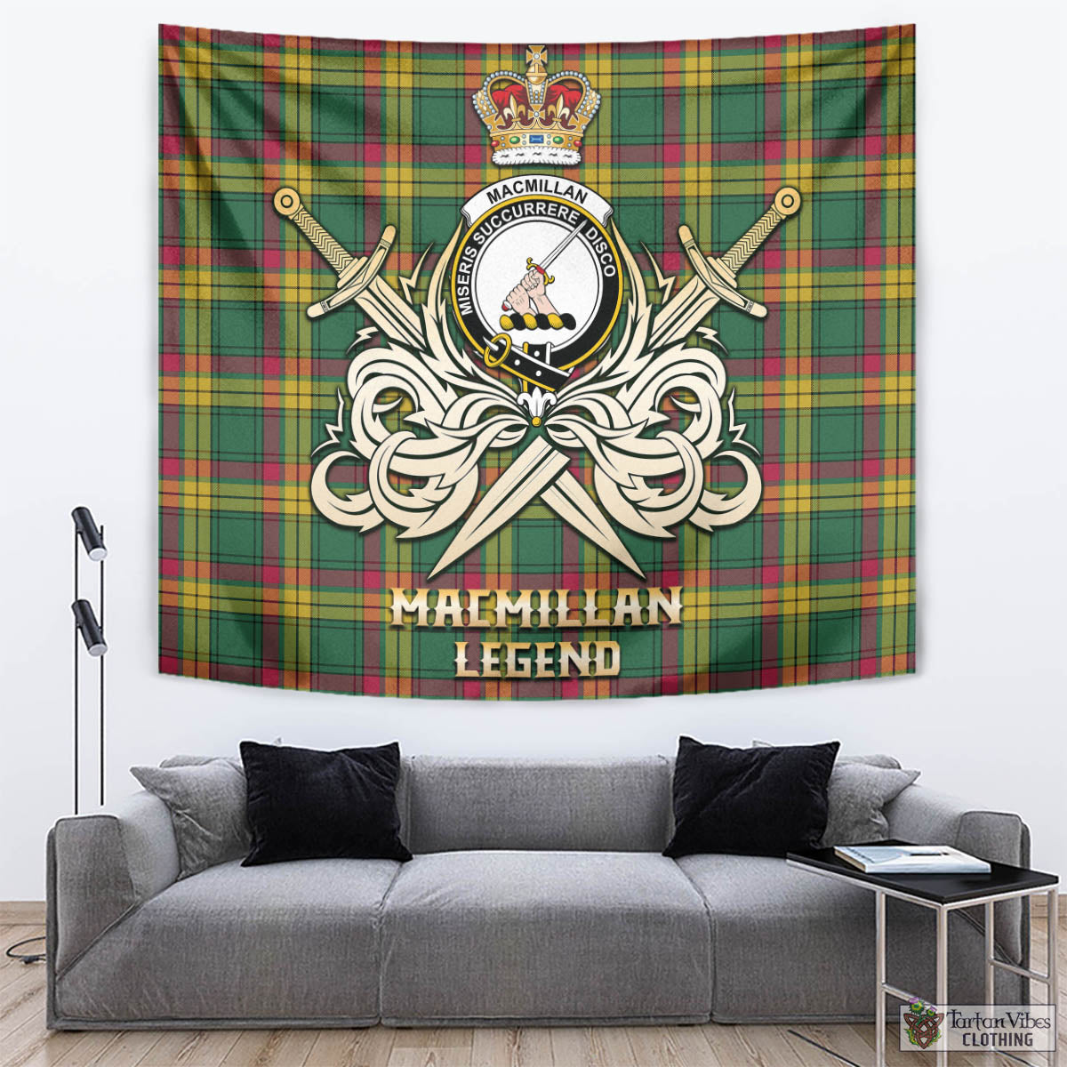 Tartan Vibes Clothing MacMillan Old Ancient Tartan Tapestry with Clan Crest and the Golden Sword of Courageous Legacy