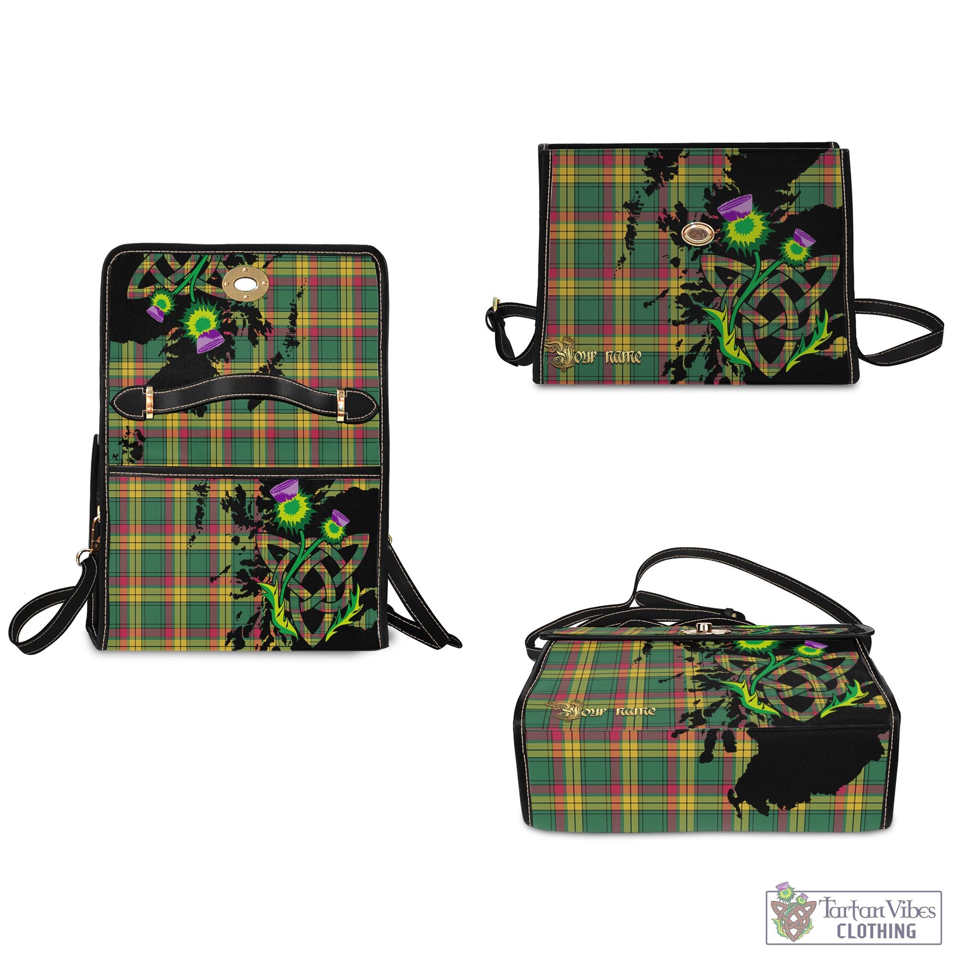 Tartan Vibes Clothing MacMillan Old Ancient Tartan Waterproof Canvas Bag with Scotland Map and Thistle Celtic Accents