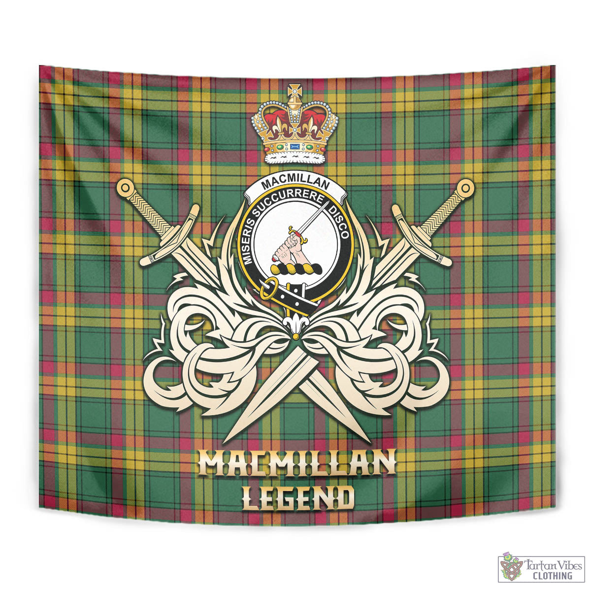 Tartan Vibes Clothing MacMillan Old Ancient Tartan Tapestry with Clan Crest and the Golden Sword of Courageous Legacy