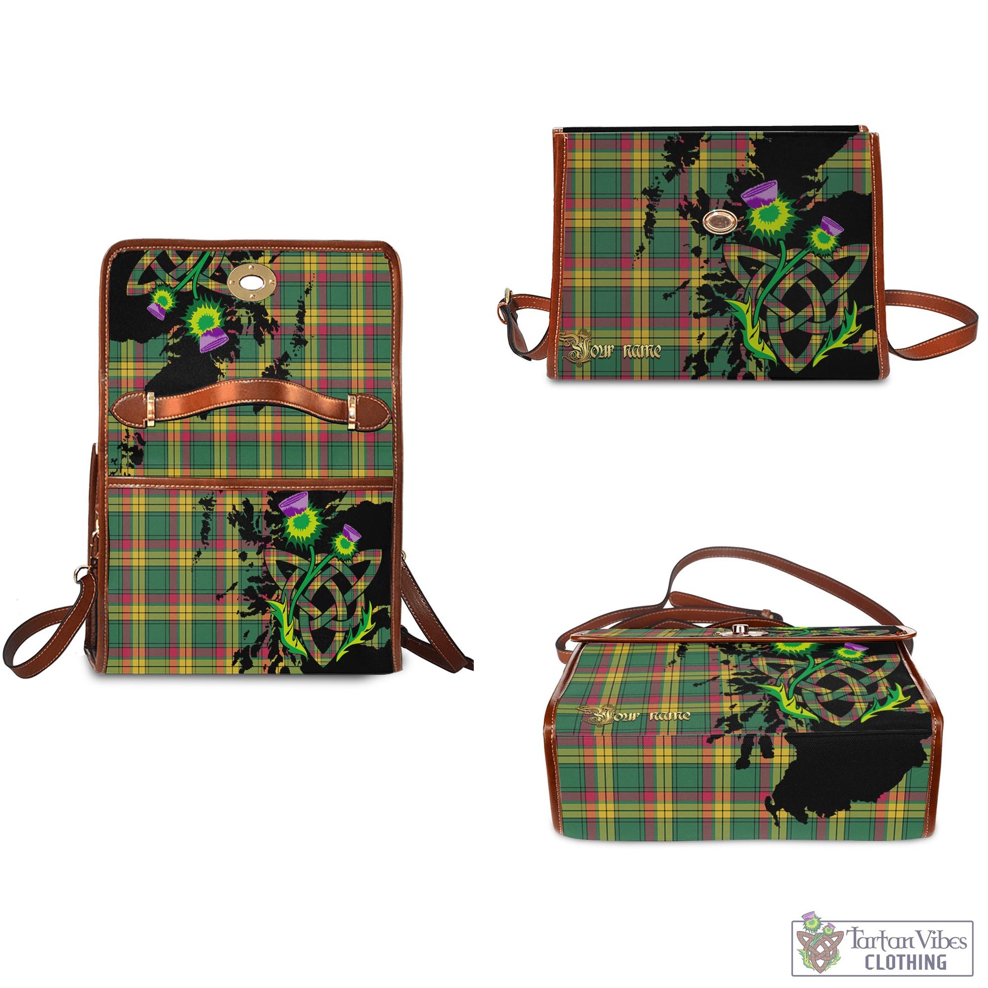 Tartan Vibes Clothing MacMillan Old Ancient Tartan Waterproof Canvas Bag with Scotland Map and Thistle Celtic Accents