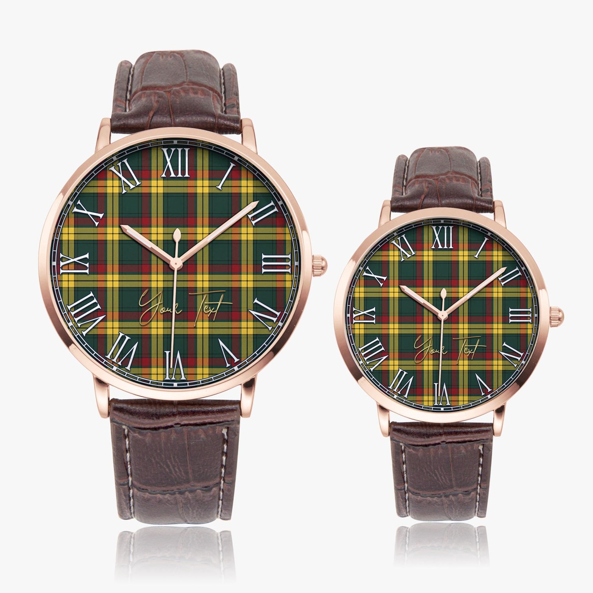 MacMillan Old Modern Tartan Personalized Your Text Leather Trap Quartz Watch Ultra Thin Rose Gold Case With Brown Leather Strap - Tartanvibesclothing