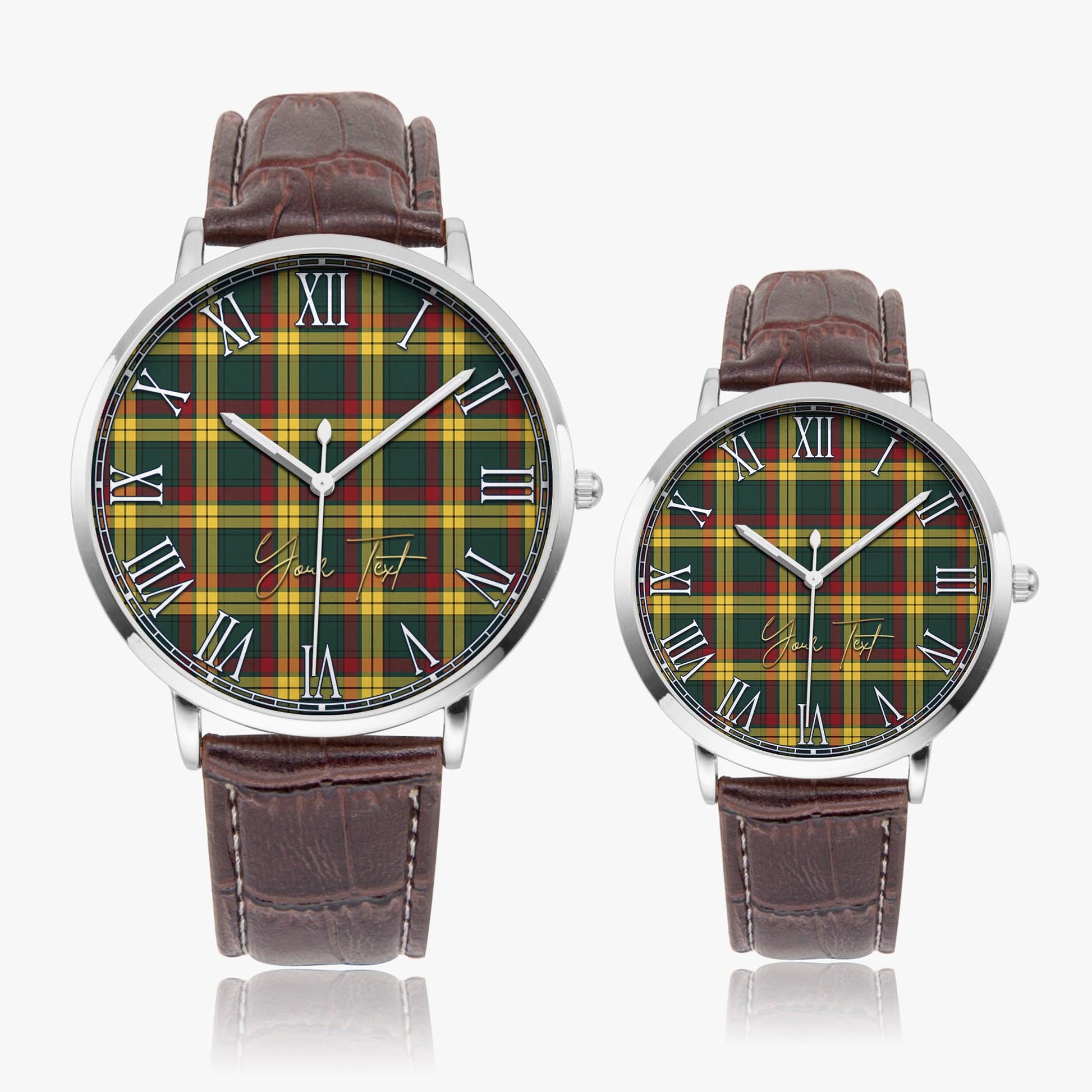 MacMillan Old Modern Tartan Personalized Your Text Leather Trap Quartz Watch Ultra Thin Silver Case With Brown Leather Strap - Tartanvibesclothing