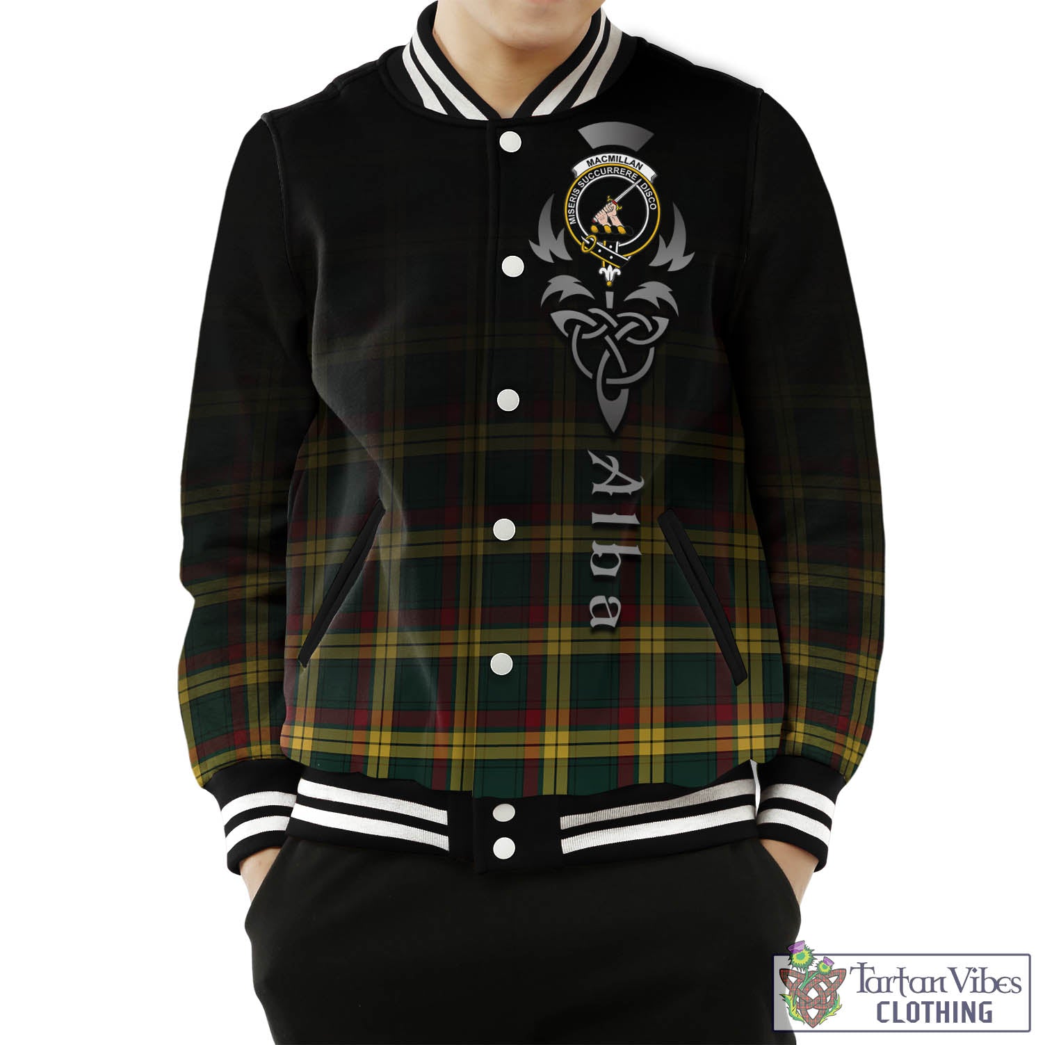 Tartan Vibes Clothing MacMillan Old Modern Tartan Baseball Jacket Featuring Alba Gu Brath Family Crest Celtic Inspired