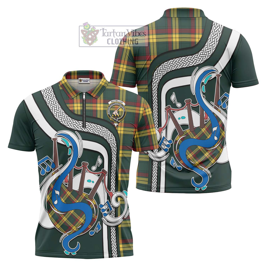 MacMillan Old Modern Tartan Zipper Polo Shirt with Epic Bagpipe Style Unisex - Tartanvibesclothing Shop