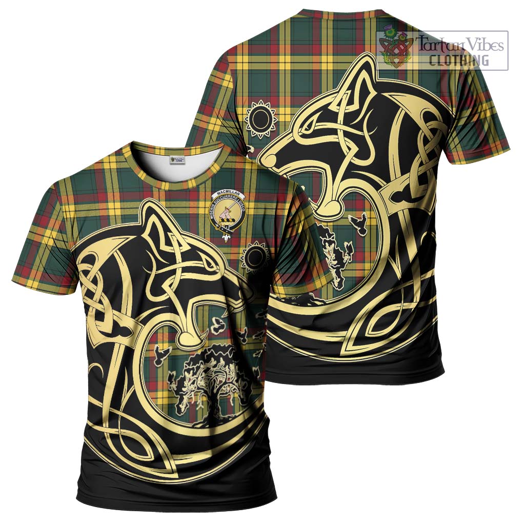Tartan Vibes Clothing MacMillan Old Modern Tartan T-Shirt with Family Crest Celtic Wolf Style