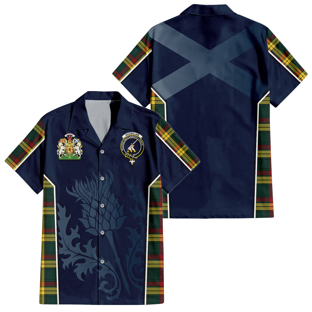 Tartan Vibes Clothing MacMillan Old Modern Tartan Short Sleeve Button Up Shirt with Family Crest and Scottish Thistle Vibes Sport Style