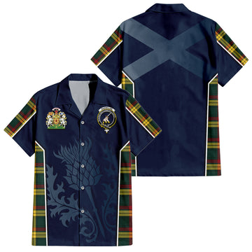 MacMillan Old Modern Tartan Short Sleeve Button Up Shirt with Family Crest and Scottish Thistle Vibes Sport Style