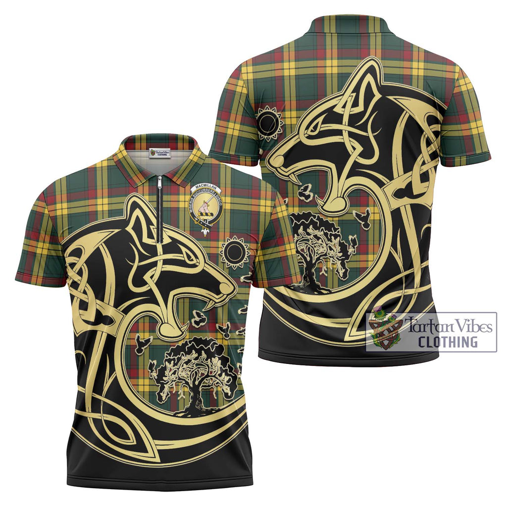 MacMillan Old Modern Tartan Zipper Polo Shirt with Family Crest Celtic Wolf Style Unisex - Tartanvibesclothing Shop