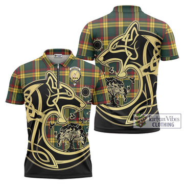 MacMillan Old Modern Tartan Zipper Polo Shirt with Family Crest Celtic Wolf Style