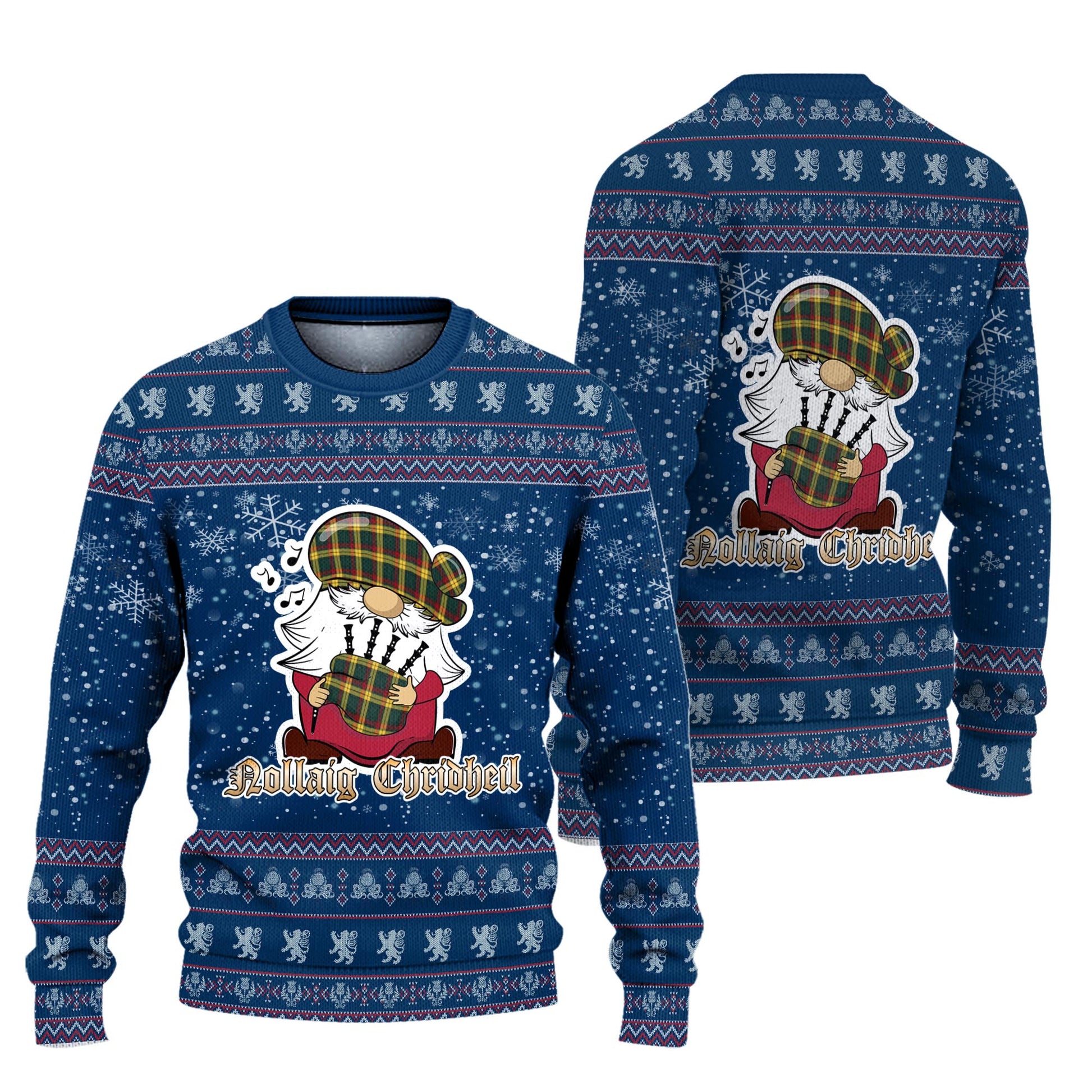 MacMillan Old Modern Clan Christmas Family Knitted Sweater with Funny Gnome Playing Bagpipes Unisex Blue - Tartanvibesclothing