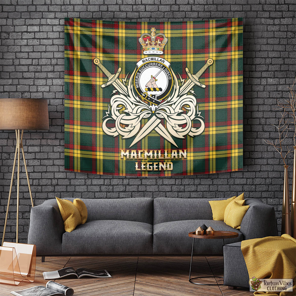 Tartan Vibes Clothing MacMillan Old Modern Tartan Tapestry with Clan Crest and the Golden Sword of Courageous Legacy