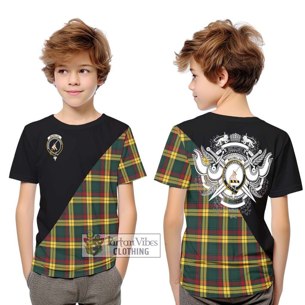 MacMillan Old Modern Tartan Kid T-Shirt with Family Crest and Military Logo Style Youth XL Size14 - Tartanvibesclothing Shop