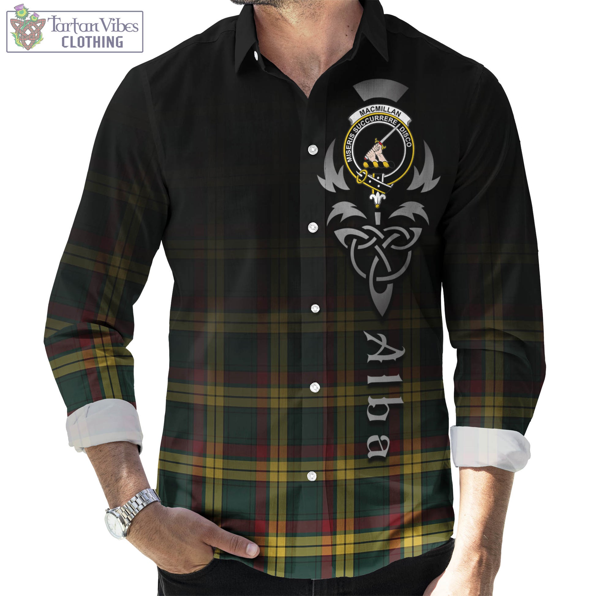 Tartan Vibes Clothing MacMillan Old Modern Tartan Long Sleeve Button Up Featuring Alba Gu Brath Family Crest Celtic Inspired