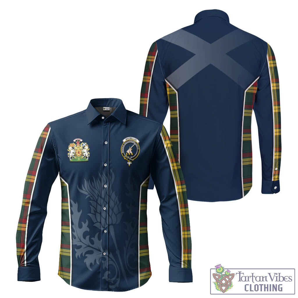 Tartan Vibes Clothing MacMillan Old Modern Tartan Long Sleeve Button Up Shirt with Family Crest and Scottish Thistle Vibes Sport Style