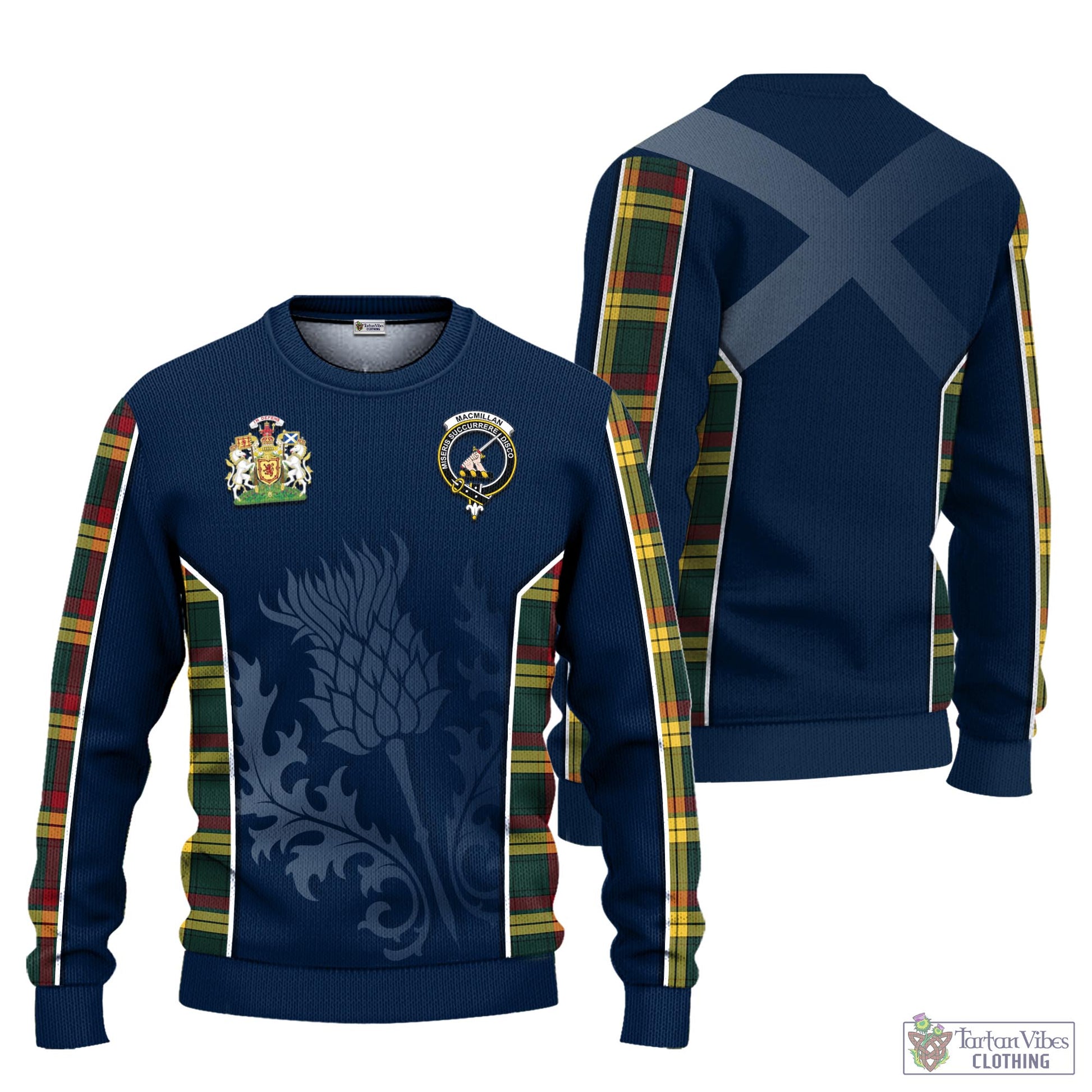 Tartan Vibes Clothing MacMillan Old Modern Tartan Knitted Sweatshirt with Family Crest and Scottish Thistle Vibes Sport Style