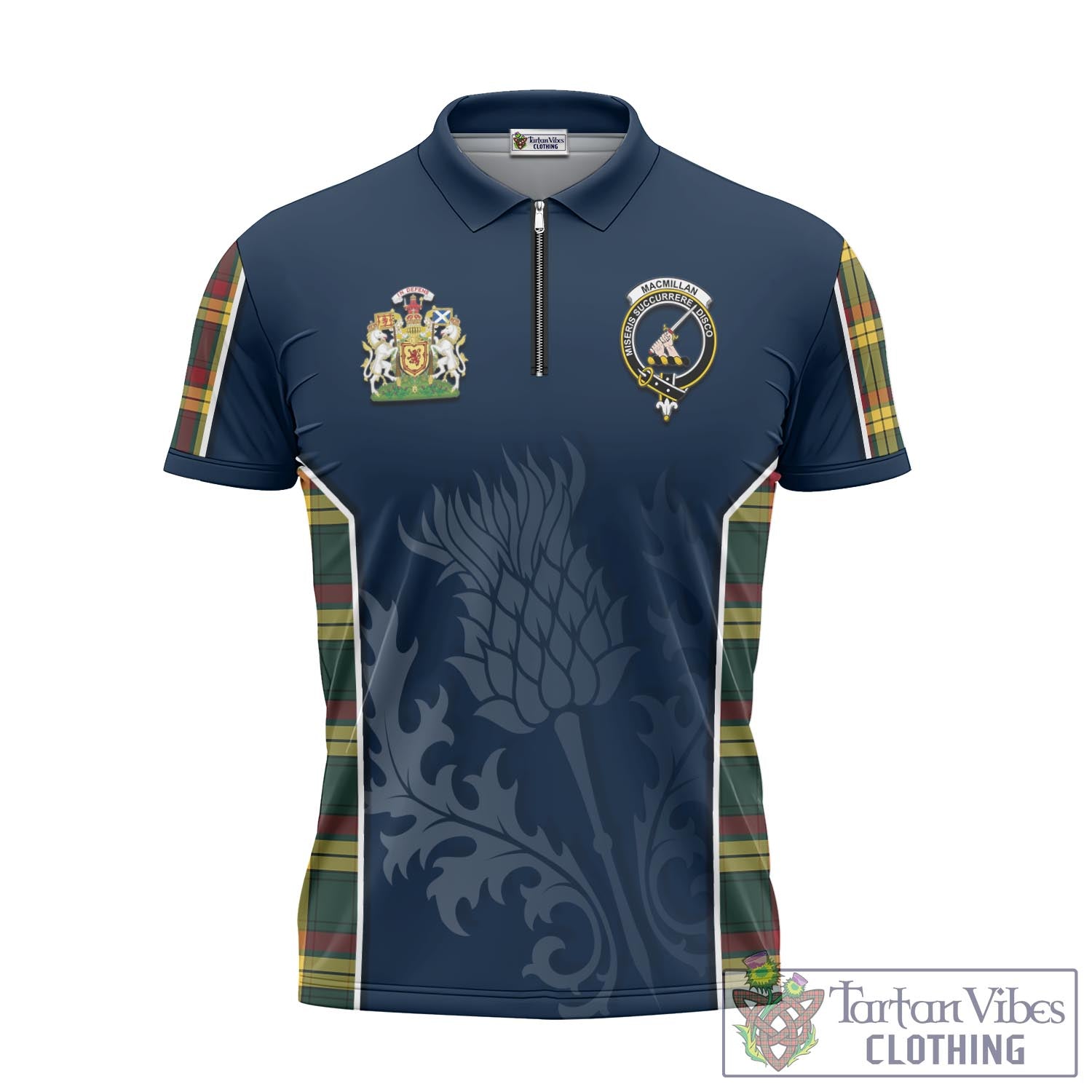 Tartan Vibes Clothing MacMillan Old Modern Tartan Zipper Polo Shirt with Family Crest and Scottish Thistle Vibes Sport Style