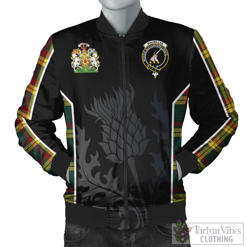 Tartan Vibes Clothing MacMillan Old Modern Tartan Bomber Jacket with Family Crest and Scottish Thistle Vibes Sport Style