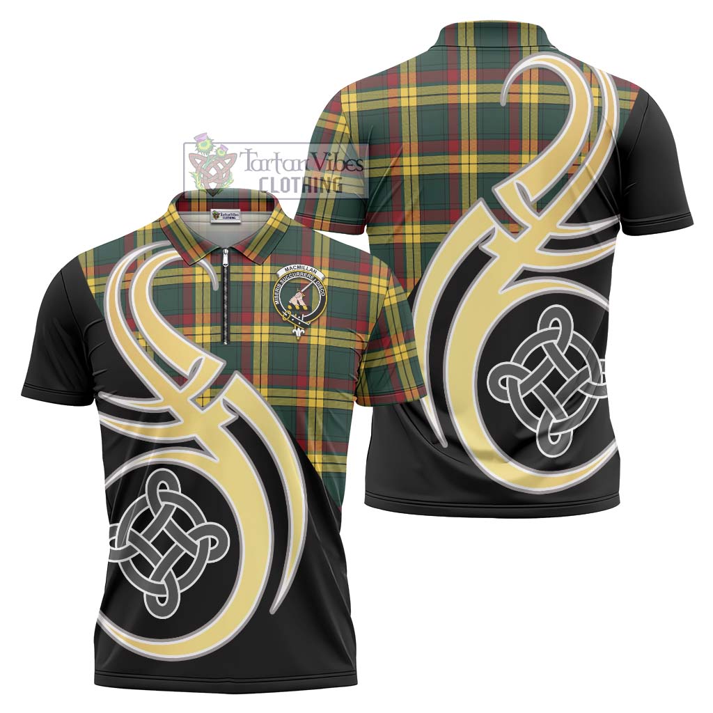 Tartan Vibes Clothing MacMillan Old Modern Tartan Zipper Polo Shirt with Family Crest and Celtic Symbol Style