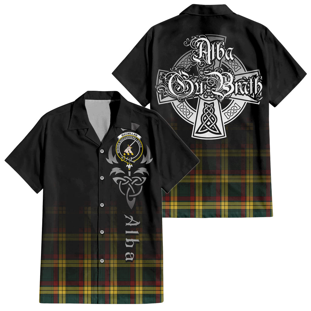 Tartan Vibes Clothing MacMillan Old Modern Tartan Short Sleeve Button Up Featuring Alba Gu Brath Family Crest Celtic Inspired