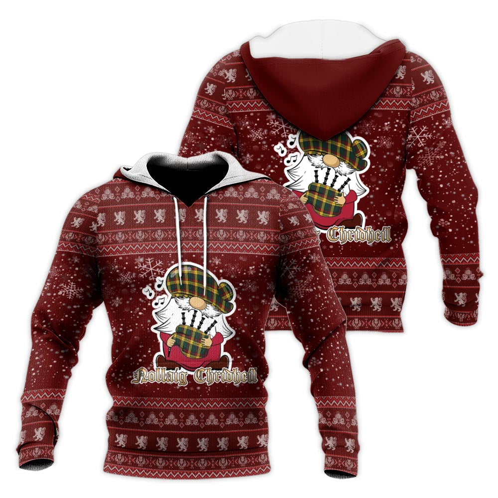 MacMillan Old Modern Clan Christmas Knitted Hoodie with Funny Gnome Playing Bagpipes Red - Tartanvibesclothing