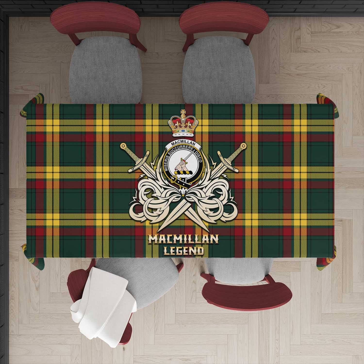 Tartan Vibes Clothing MacMillan Old Modern Tartan Tablecloth with Clan Crest and the Golden Sword of Courageous Legacy