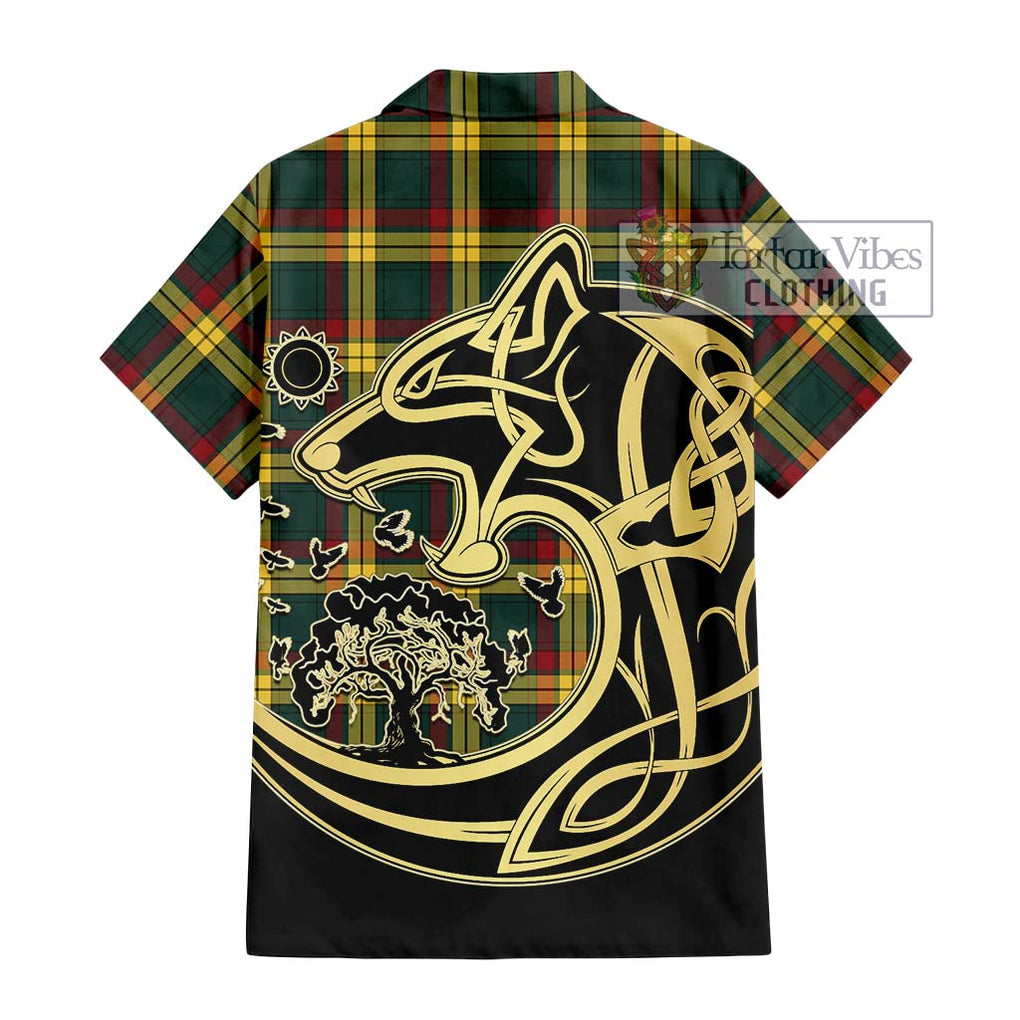 MacMillan Old Modern Tartan Short Sleeve Button Shirt with Family Crest Celtic Wolf Style - Tartan Vibes Clothing