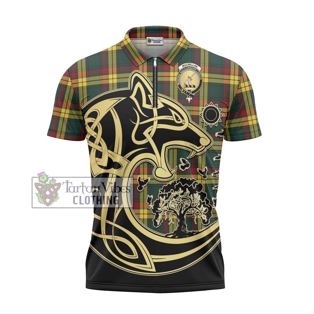 MacMillan Old Modern Tartan Zipper Polo Shirt with Family Crest Celtic Wolf Style - Tartanvibesclothing Shop