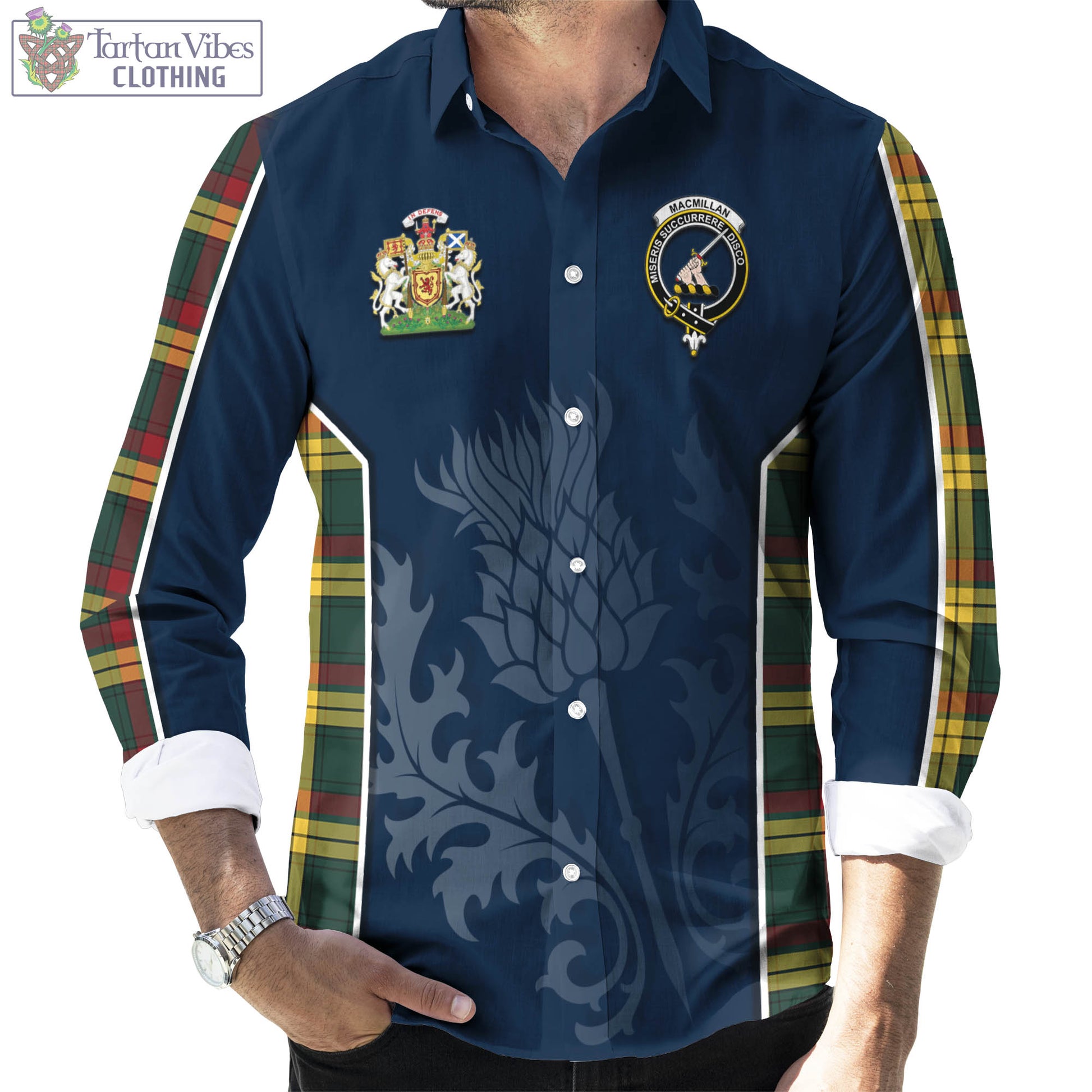 Tartan Vibes Clothing MacMillan Old Modern Tartan Long Sleeve Button Up Shirt with Family Crest and Scottish Thistle Vibes Sport Style