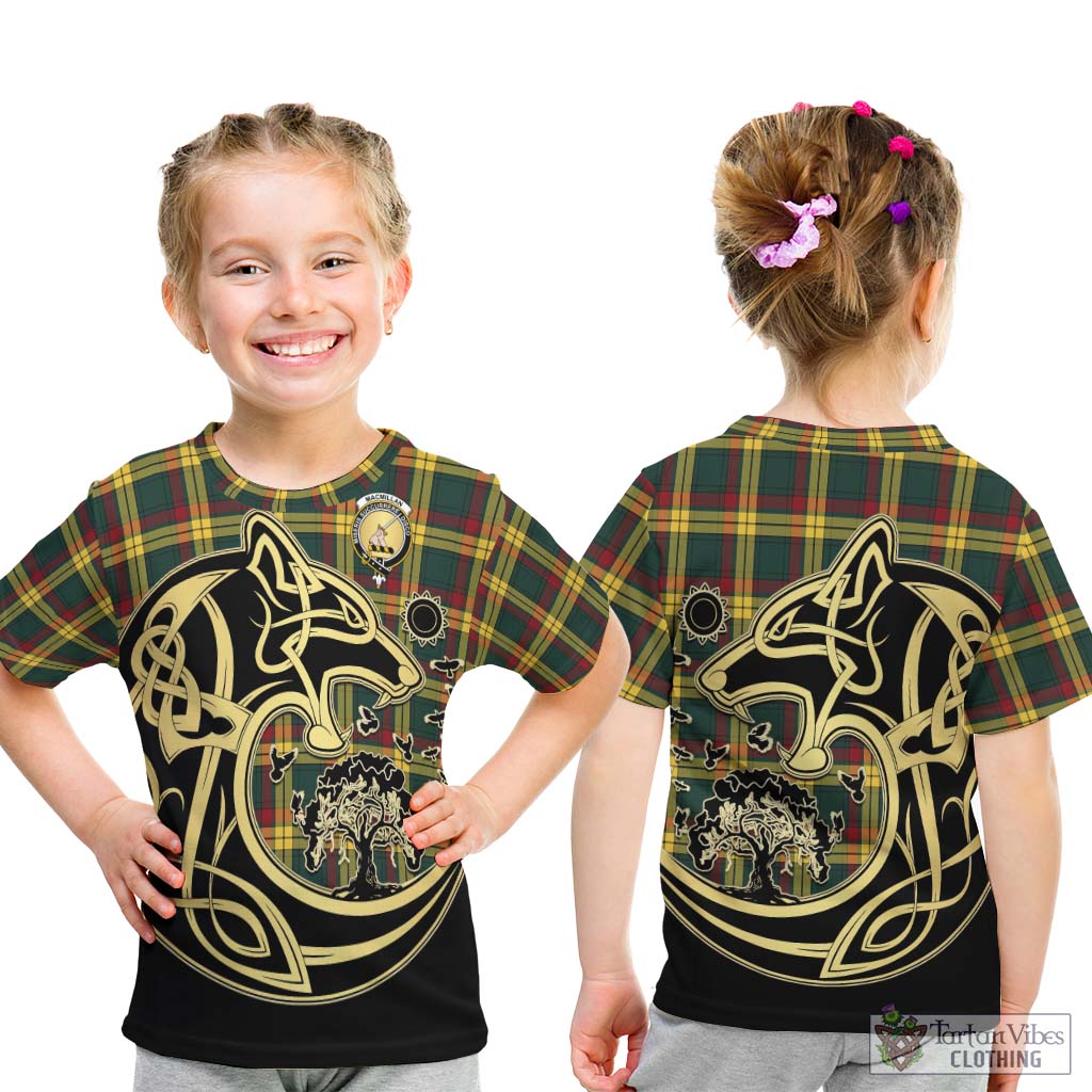 Tartan Vibes Clothing MacMillan Old Modern Tartan Kid T-Shirt with Family Crest Celtic Wolf Style