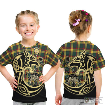 MacMillan Old Modern Tartan Kid T-Shirt with Family Crest Celtic Wolf Style
