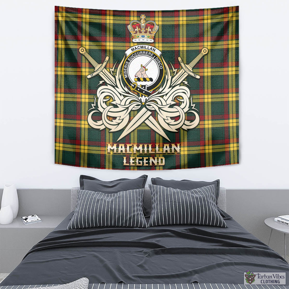 Tartan Vibes Clothing MacMillan Old Modern Tartan Tapestry with Clan Crest and the Golden Sword of Courageous Legacy